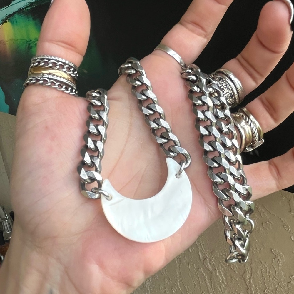 Mother of pearl moon stainless steel cuban link thick choker necklace boho - Picture 8 of 16